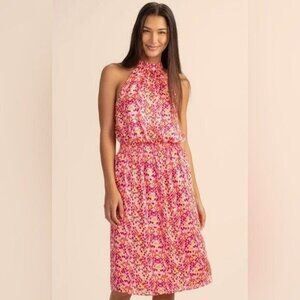 TRINA TURK Moonlit Halter Dress Sleeveless Smocked Waist Pink/Yellow‎ Size Large